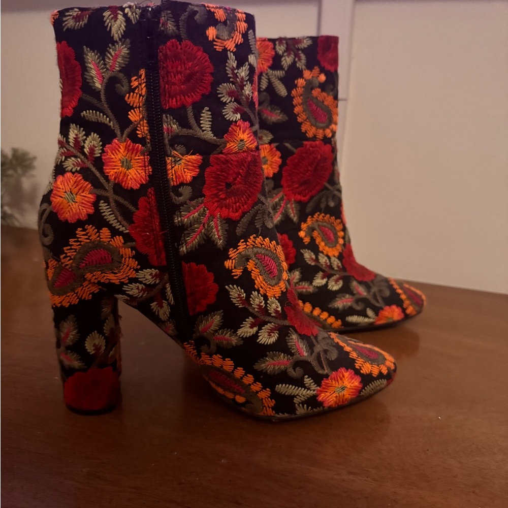 Embroidered Floral Heeled Ankle Boots - Black with Red & Orange